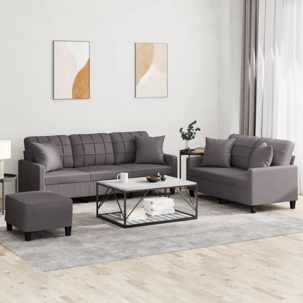 Vidaxl 3-Cz. Relaxation Set With Cushions, Grey, Eco-Leather