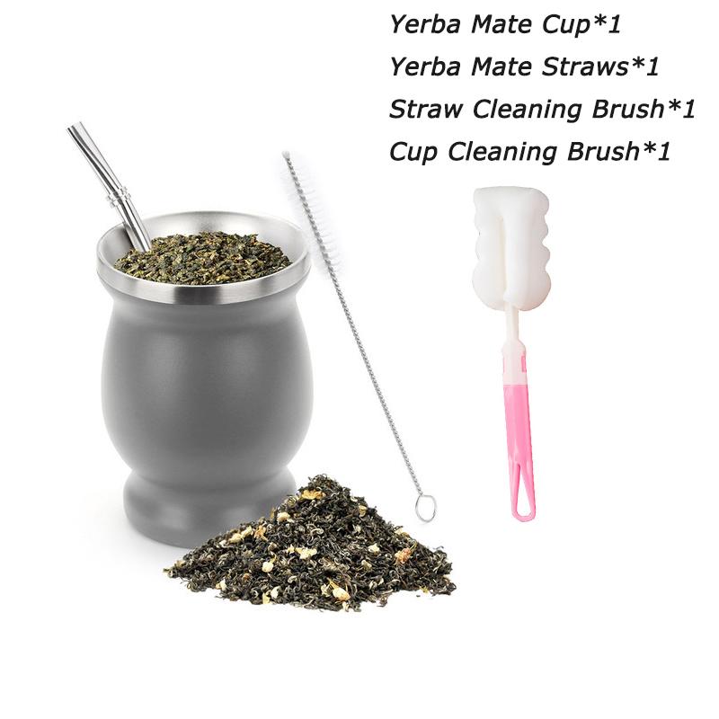 

8oz Yerba Mate Cup 304 Stainless Steel Double Wall Argentine Yerba Mate Gourd With Bombillas and Cleaning Brush 8oz сірий колір