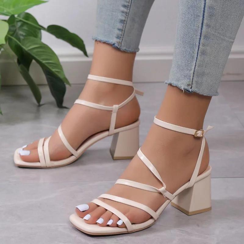 Fashion 2024 Fashion Women's Shoes Buckle Strap Women's Sandals Summer Solid Office and Career Hot Sale Narrow Band Heeled Sandals Women