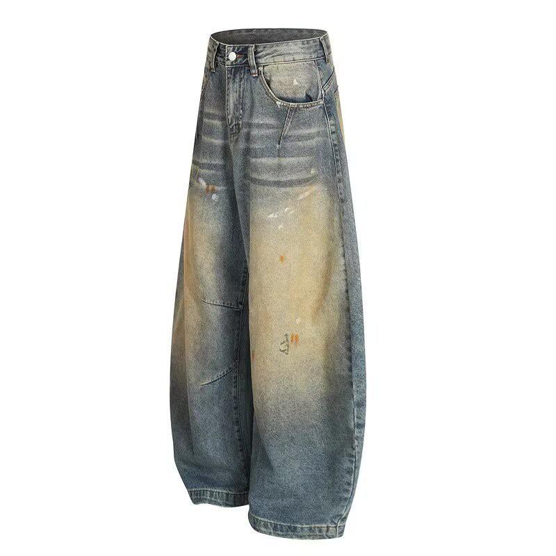Retro Gewaschen Grau Weiter Bein Jeans Männer Frauen Lockerer Schnitt Streetwear Stil Kollektion