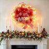 Christmas Snowman Wreath for Front Door Light Up Red/Blue Mesh Ribbon Candy Cane Wreath with Snowman Doll for Winter Home Wall Decor