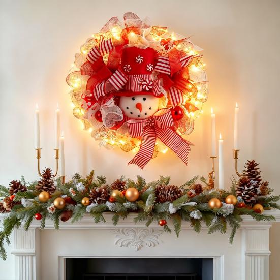 Christmas Snowman Wreath for Front Door Light Up Red/Blue Mesh Ribbon Candy Cane Wreath with Snowman Doll for Winter Home Wall Decor