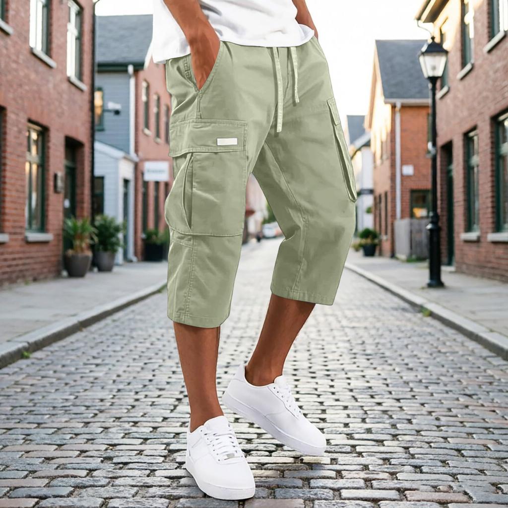 Men's Cargo Shorts Drawstring Waist Multi Pocket Workwear Style Casual Knee Length Trousers Lightweight Durable Fabric