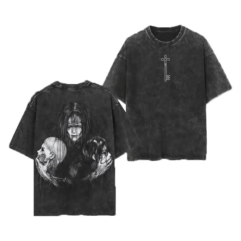 Anime Eren Yeager Muster Gewaschenes T-Shirt, Herren Comic Locker Geschnittenes T-Shirt, Gewaschene Baumwolle Trendige Marke Herren T-Shirt