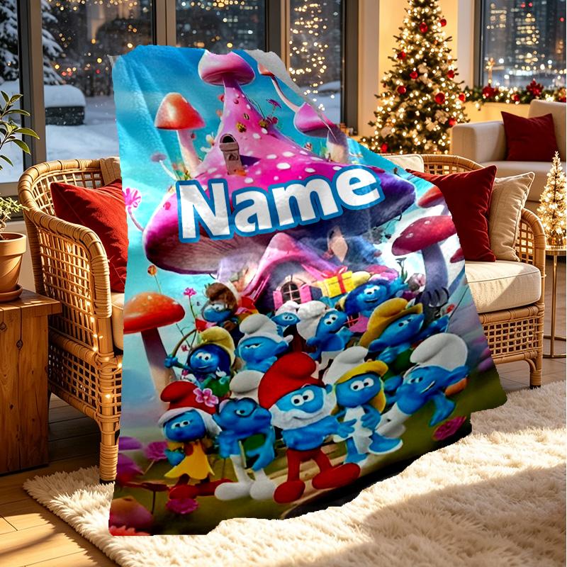 Custom Name Personalized Blue Smurfs Print Blanket, Home Decor, Bedroom, Sofa, Camping, Couch, Gifts for Birthday Christmas