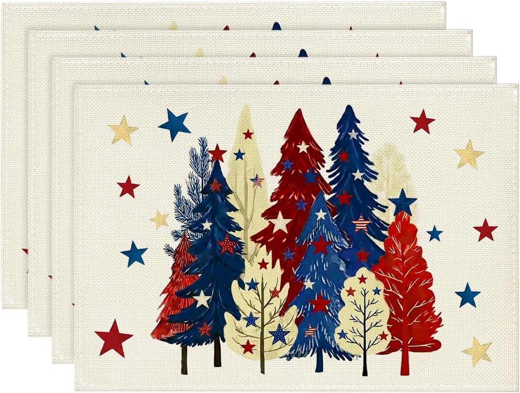 

Forest Stars Pine Tree 4th of July Placemats Set of 4, 12x18 Inch Memorial Day Patriotic Table Mats for Party Kitchen Dining Decoration 4pcs-12x18