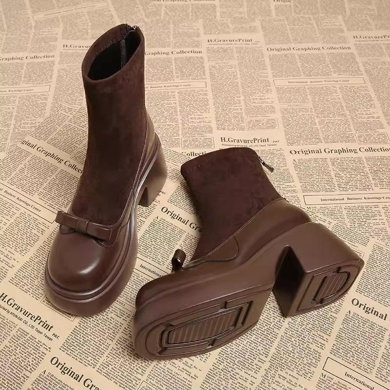 Short Boots Women's Autumn and Winter Thick Heels, New Autumn and Winter High Heels Thick-soled Martin Boots Elastic Thin Boots Tall