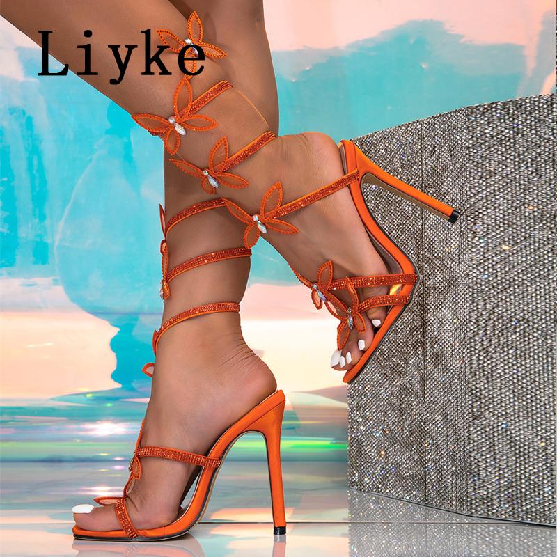 Fashion Liyke Fashion Glitter Rhinestones Women Sandals Crystal Butterfly Square Toe Wedding Party Stripper Shoes High Heels Black Blue
