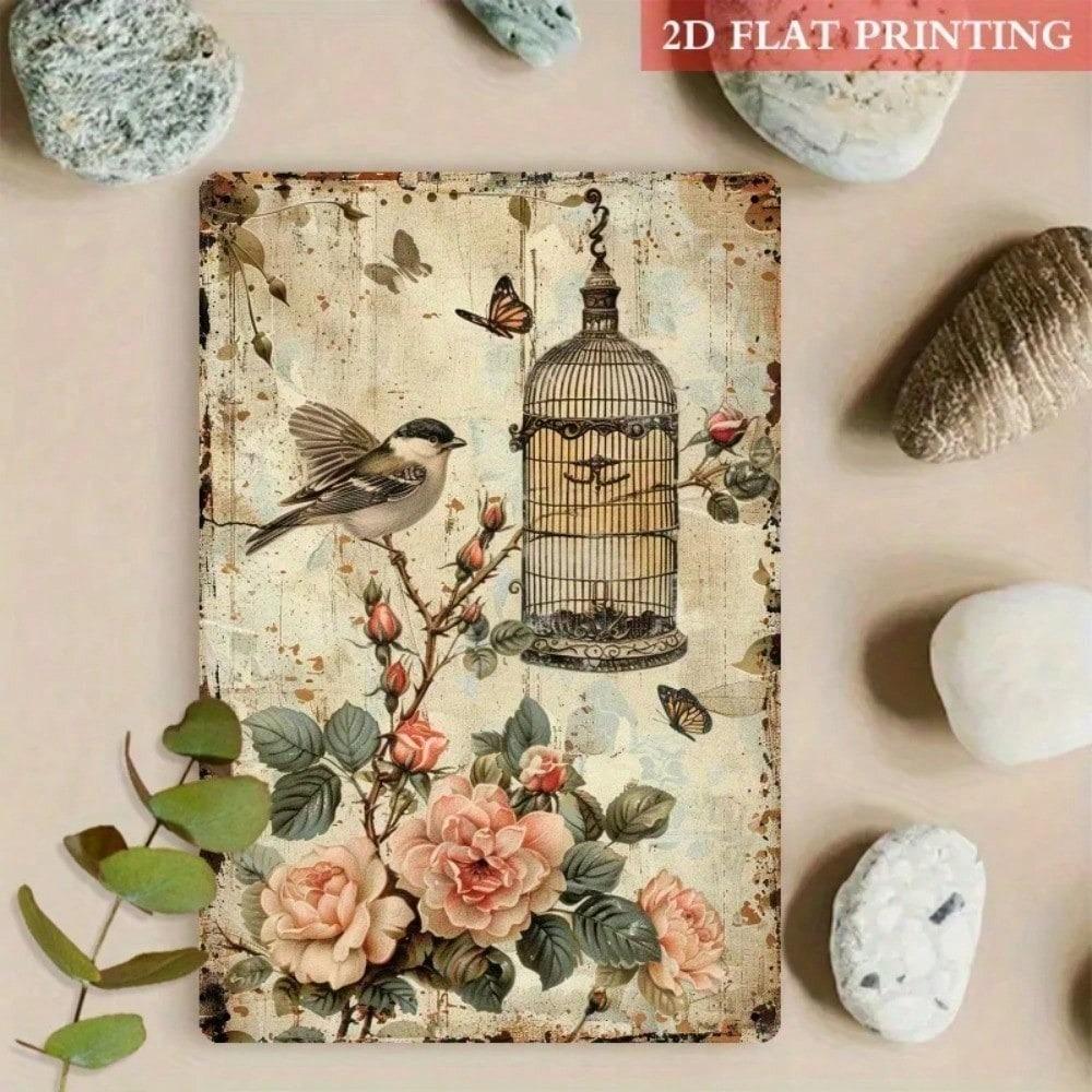 Vintage Retro Rose Bird Metal Sign 8x12 Inch Rustproof Iron Wall Art For Living Room Bedroom Home Decor