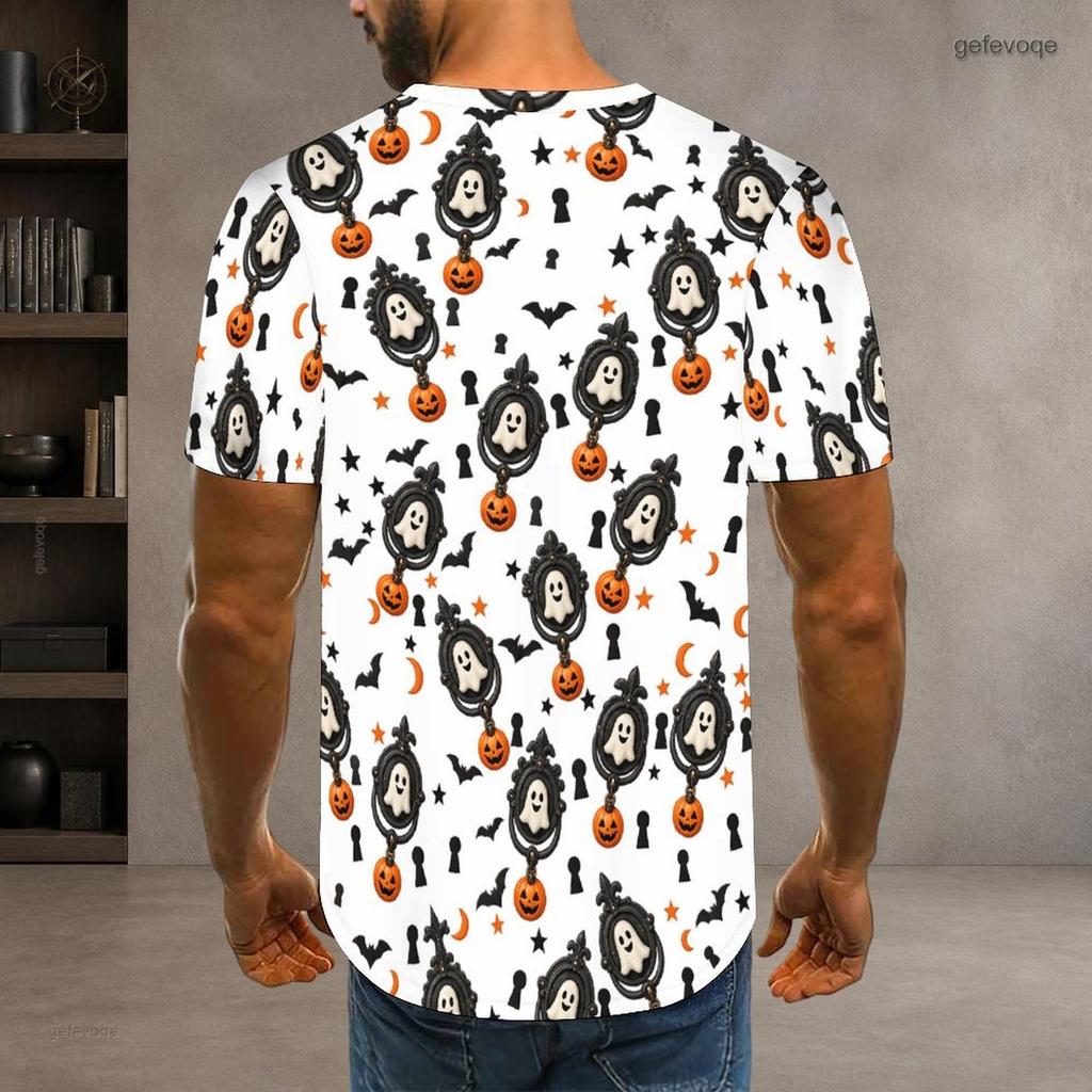 Men Plus Size Round Neck Short Sleeve T Shirt Halloween Ghost Bat Printed White Straight Hem Pullover