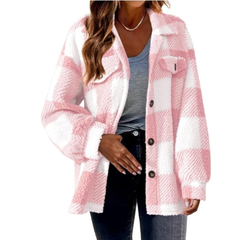 Women's Brushed Plaid Shirts Long Sleeve Flannel Lapel Button Down Pocketed Shacket Flannel Jacket Coats