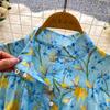 French retro blue long-sleeved floral dress women's stand-up collar lace-up waist thin A-shaped dress lady style