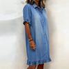 Women's Summer Ruffled Denim French Casual Shirt Dress, Spring Casual Fashion Dress for Leisure