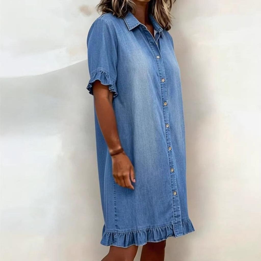 Women's Summer Ruffled Denim French Casual Shirt Dress, Spring Casual Fashion Dress for Leisure