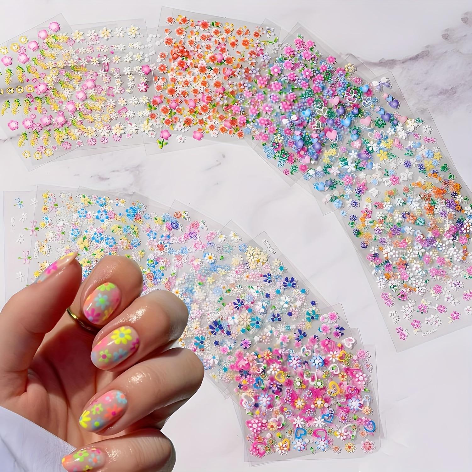 

Flower Nail Art Stickers - Self-Adhesive Vinyl Floral Decals with Glitter Accents, Assorted Colorful Daisies & Hearts for Women