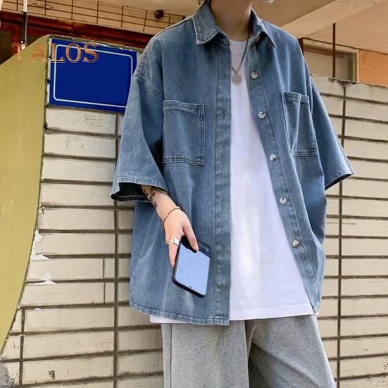 Men Denim Button-down Shirt Short Sleeve Lapel Shirt with Chest Pockets Loose Fit Casual Shirt for Summer Daily Wear Vacation Street