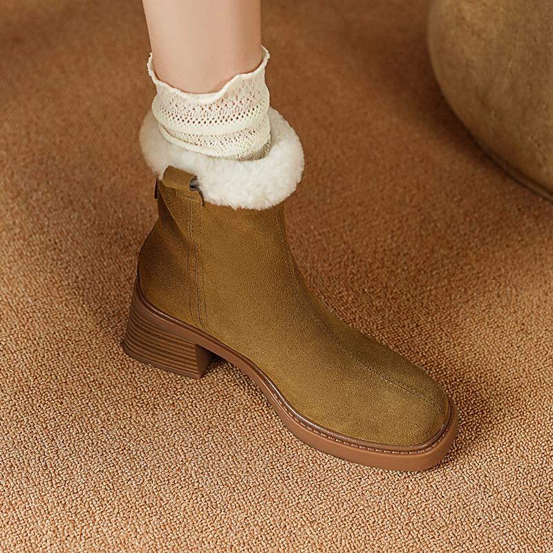 Fashion 2024 Winter Women Boots Cow Suede Women Shoes Round Toe Chunky Heel Short Boots Genuine Leather Ladies Wool Modern Snow Boots