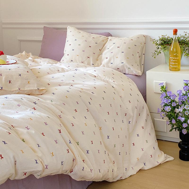 

Sweet Bowknot Cotton Gauze 4-Piece Set: Class A Double-Layer Duvet Cover & Bed Sheet with Girlish Charm 3-piece set for 1.2m bed (Duvet 150x200cm)