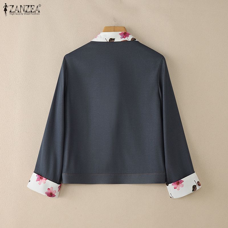 ZANZEA Women Floral Splice Turn Down Collar Long Sleeve Casual Blouse