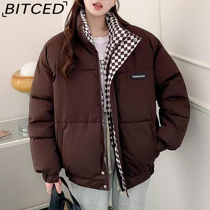 BITCED Stylish Niche Checkered Pattern Thickened Puffer Jacket for Women Mid-Length Winter Cotton Coat