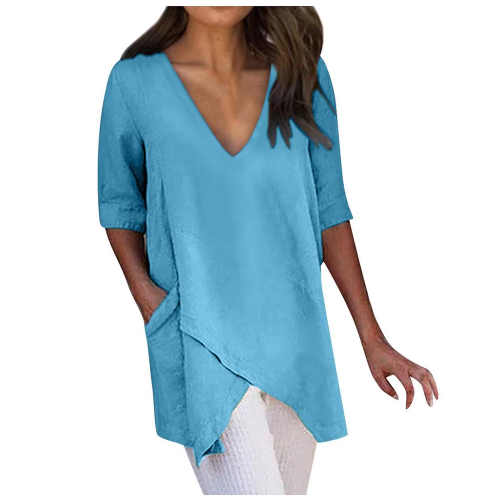 Women's Fashion Solid Colour Irregular Casual T-shirt V-Neck Half Sleeve Top