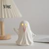 Ceramic Ghost Night Light Up Figurines for Halloween Decor, Cute White Statue Craft with Pink Tongue, LED Home Table Office Desk Decorations