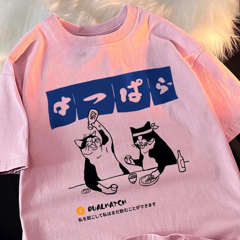 ZX Tee Harajuku Japanese Cat Drinking Printed Tops Woman Fashion O-Neck T-Shirt Streetwear Casual Summer Clothing Woman Tshirts