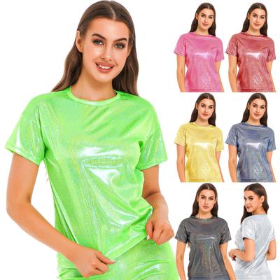 Womens Metallic Shiny T-shirt Sparkly Jazz Dance Tops Fashion Round Neck Short Sleeve Tee Shirt Clubwear Streetwear