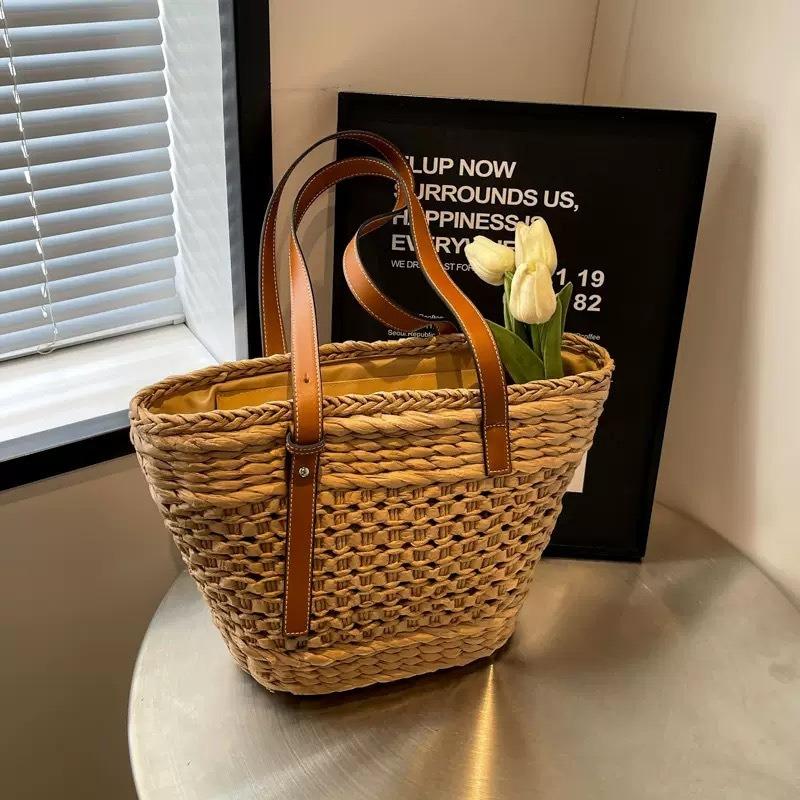 

Vegetable basket Straw bag Versatile hand-woven bag Large capacity shoulder seaside vacation beach tote bag welt zipper хаки
