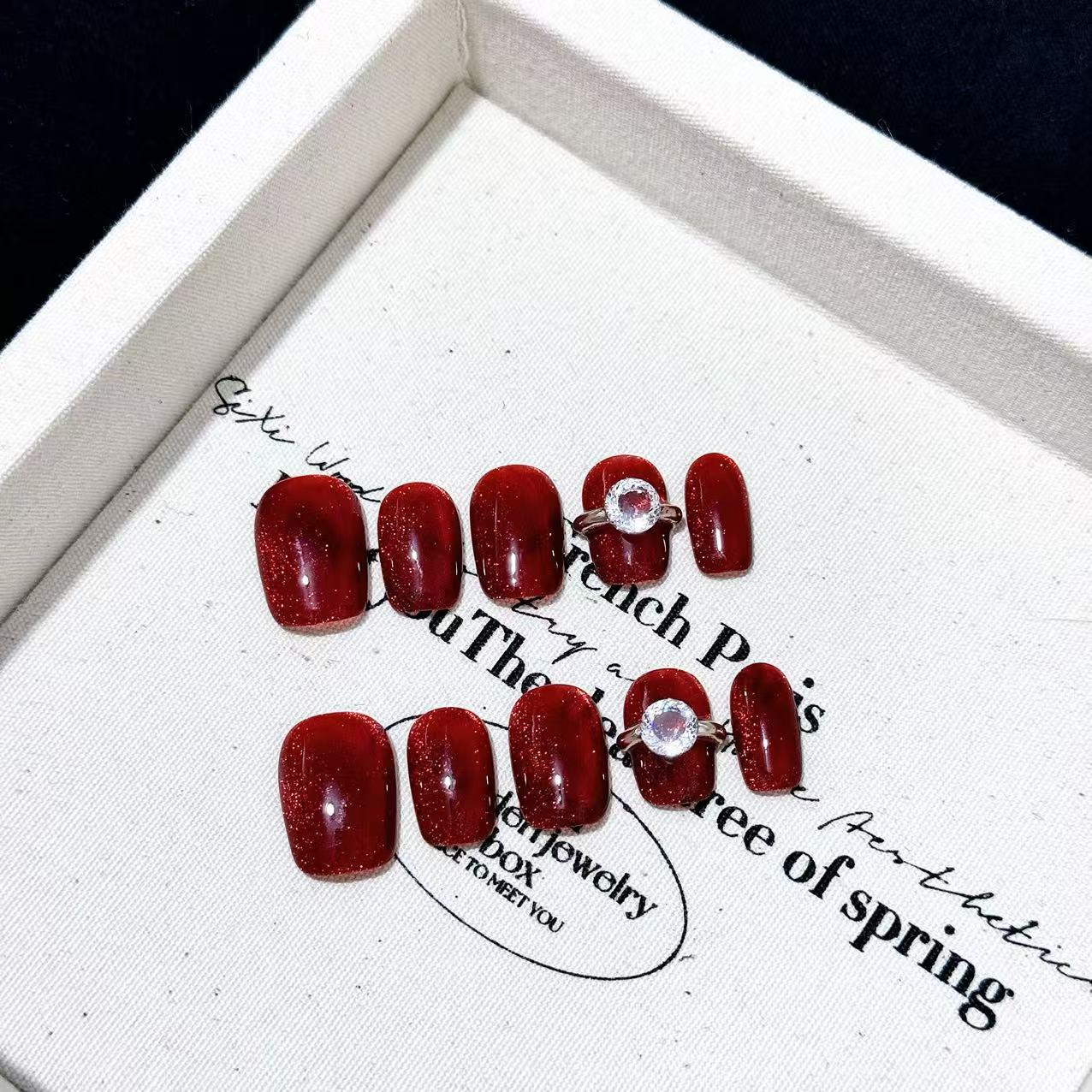 

Handmade Ruby Red Cat Eye Press-on Nails - New Year Style, Reusable, Whitening Effect