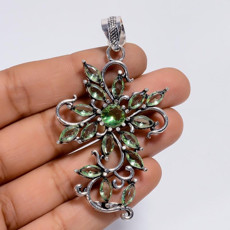 

Gorgeous Top Grade Qualite 100% Natural Green Amethyst Mix Shape Shape Ethnic Style Handmade Jewelry 925 Steling Silver Pendant 2.6 WSJ5068 2.6