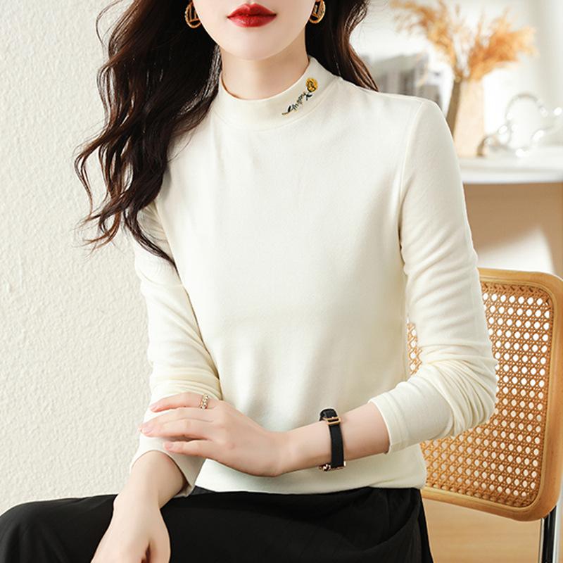 New Autumn and Winter Half-high Neck German Velvet Long-sleeved T-shirt for Women with Slim Fit and Slim Inner Bottoming Shirt Top