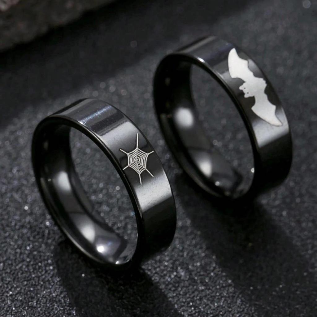2-Piece Gothic Halloween Stainless Steel Bat & Spiderweb Couple Rings
