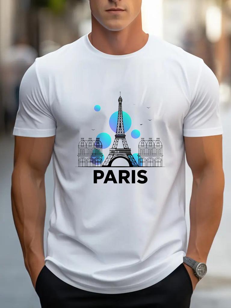 Paris Eiffel Tower Graphic Tee Men Breathable Cotton Casual Short Sleeve TShirt Travel Urban Style