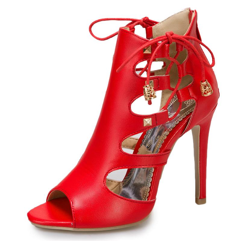 

Модные модные босоножки для женщин, летняя обувь, сексуальные вырезы, высокие каблуки, ботильоны, шнуровка, танцевальная обувь для вечеринок, женские, большой размер 45 47 46 красный