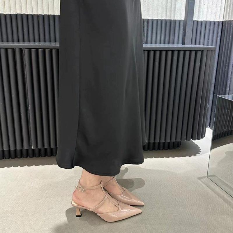 Slim Strap High Heels Women's Pointed Toe Shallow Mouth Hollow Patent Leather One Buckle Strap Wrapped Stiletto Sandals