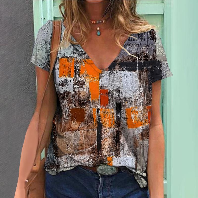 Summer Women's T-shirt Vintage Geometric Print Short Sleeve Tops Female Fashion Clothing V-Neck Oversized Pullover Daily Blouse