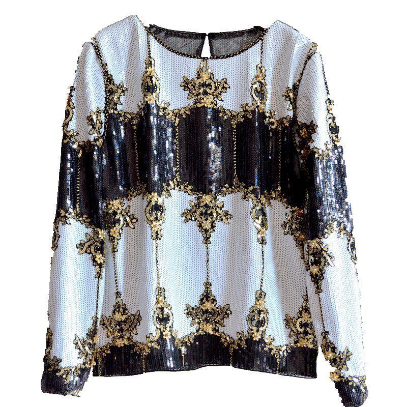 

Новая Весна Новое Поступление Европейская и Американская Женская Одежда Классная Элегантная Тяжелая Промышленность Бисер Пайетки Кружево Рубашка Мех Подкладка Рубашка Топы Black All yards