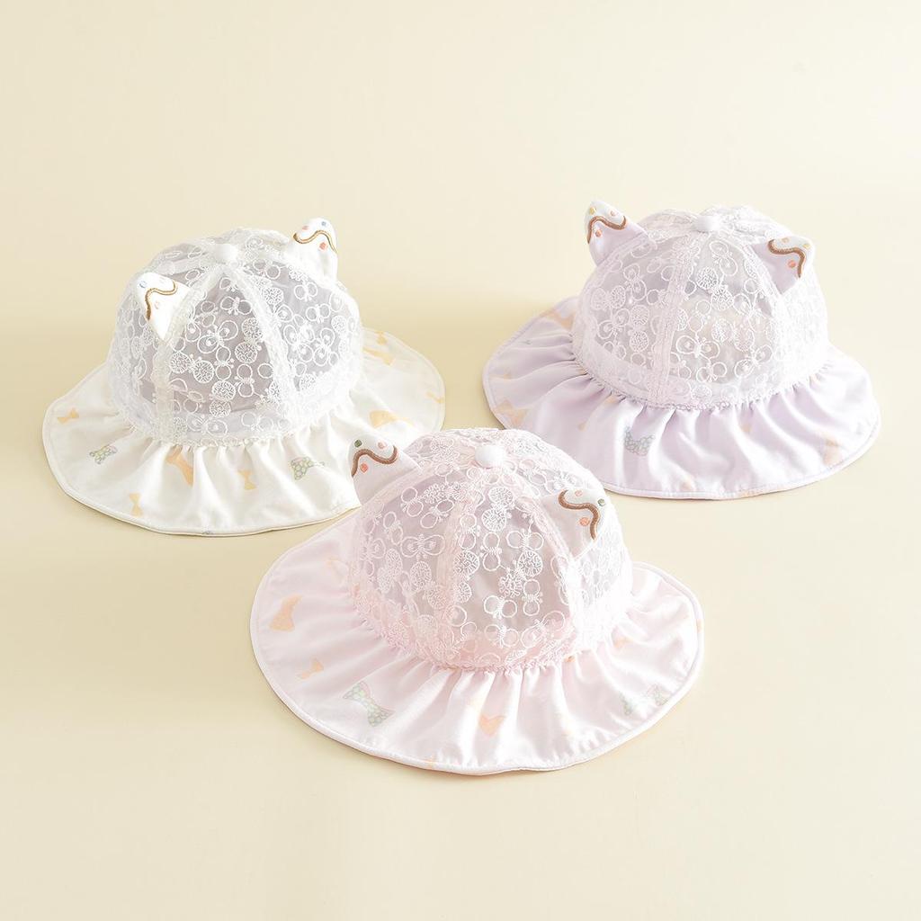 Children's Cartoon Cat Ear Lace Bucket Hat - Breathable, Versatile, with Wide Brim for Sun Protection