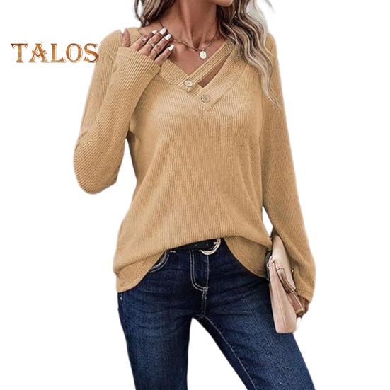 

Женские топы с V-образным вырезом, длинным рукавом, ребристым трикотажным топом с пуговицами, однотонная свободная крой, эластичная осенняя рубашка, повседневная офисная одежда XL хаки
