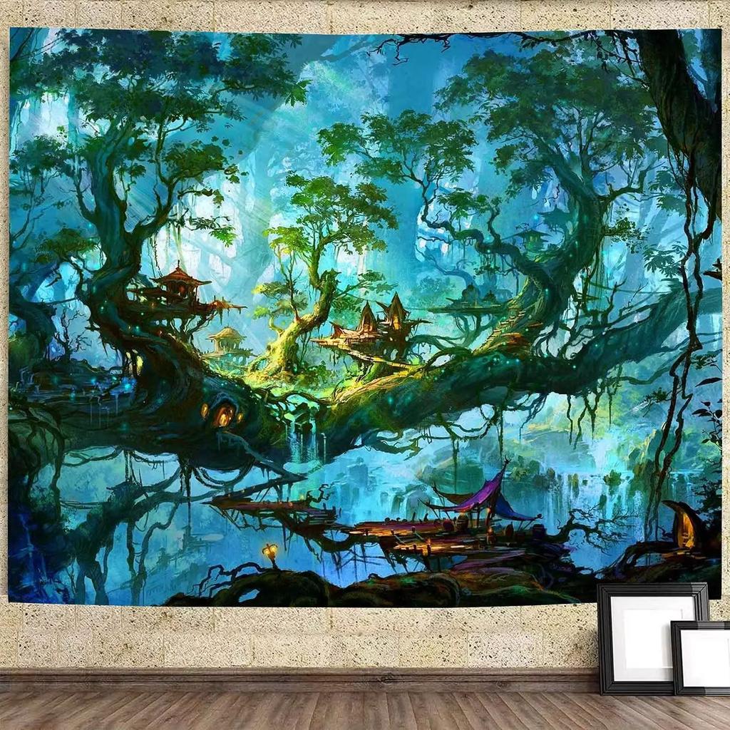 Fairy Tale Fantasy World Castle Tapestry Cartoon Forest Tapestry Magic Tapestry Girls Bedroom Living Room Dorm Party Wall Decor