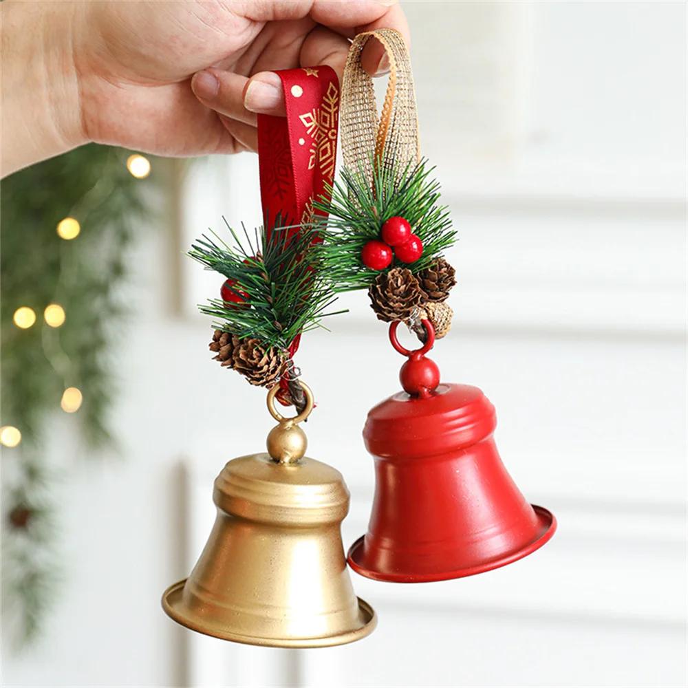 Christmas Bell Golden Metal Indoor And Outdoor Blessing Bells Pendant Snowflake Red Bow For Party Christmas Tree Decoration