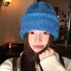 Blue knitted wool hat Children's winter big head circumference stacking hat Thickened cold hat Warm and cold-proof bag head hat