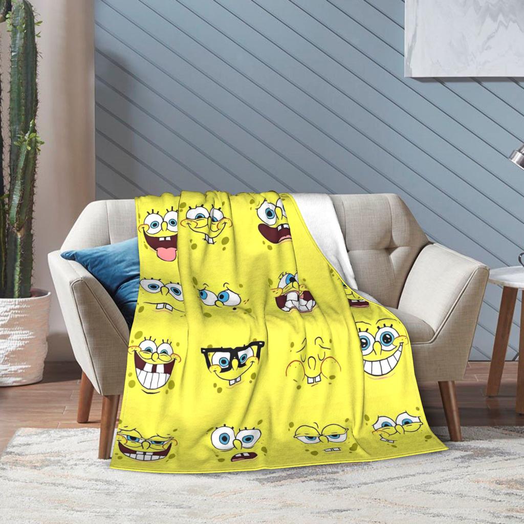 Funny SpongeBob Facial Expressions Blanket Flannel Awesome Breathable Throw Blanket for Bedding Lounge Summer
