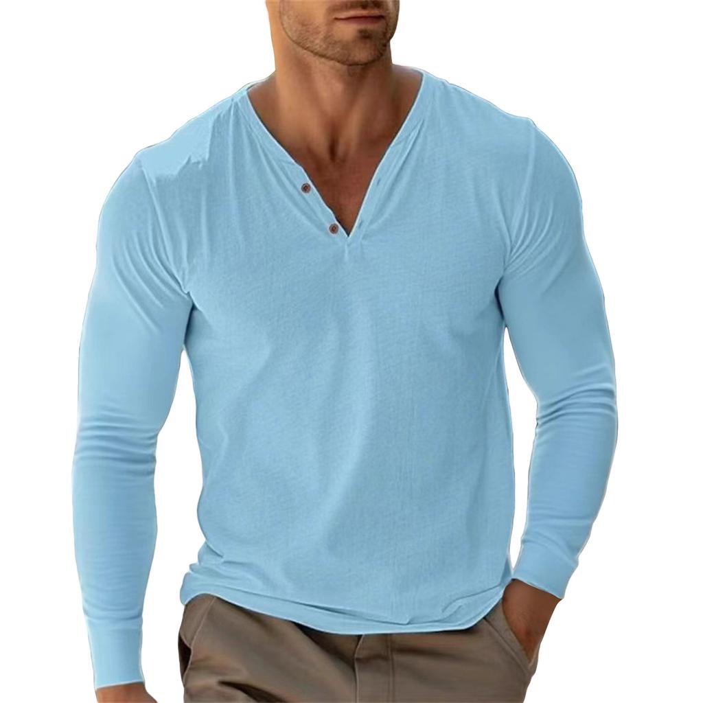 Men's Solid Color Cotton Linen Button Collar Long Sleeve Top Men's Sports Large Size Casual Top