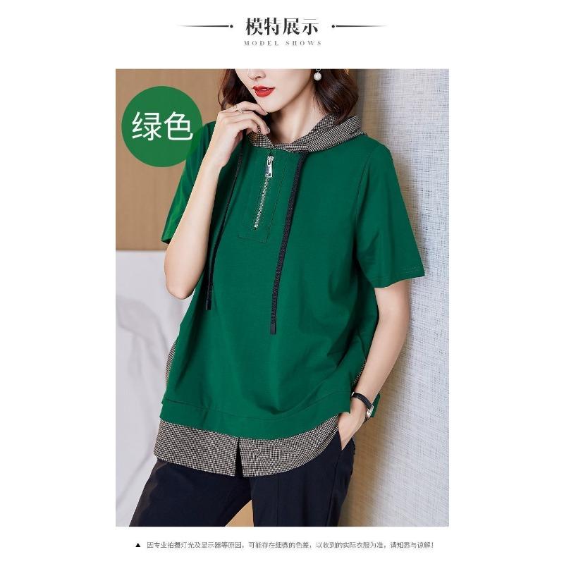 Pure Cotton Large Size Women's Short-sleeved Summer High-end Loose Hooded Cotton Top