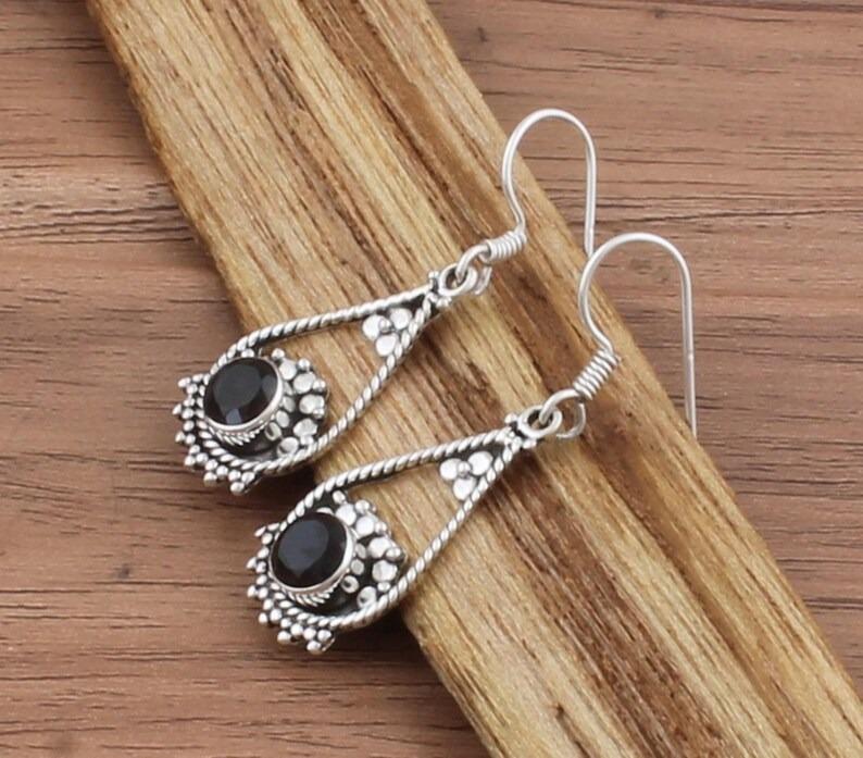 Solid 925 Sterling Silver Black Onyx Round Gemstone Handmade Designer Earrings Dangle Earring Gift For her