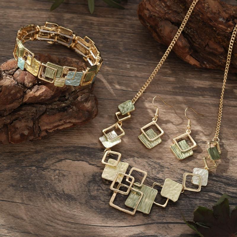 Barevný Olejový Geometrický Čtvercový Náušnice Stud Náramky Náhrdelník Sada, Vysoce Kvalitní Dámská Sada Šperků