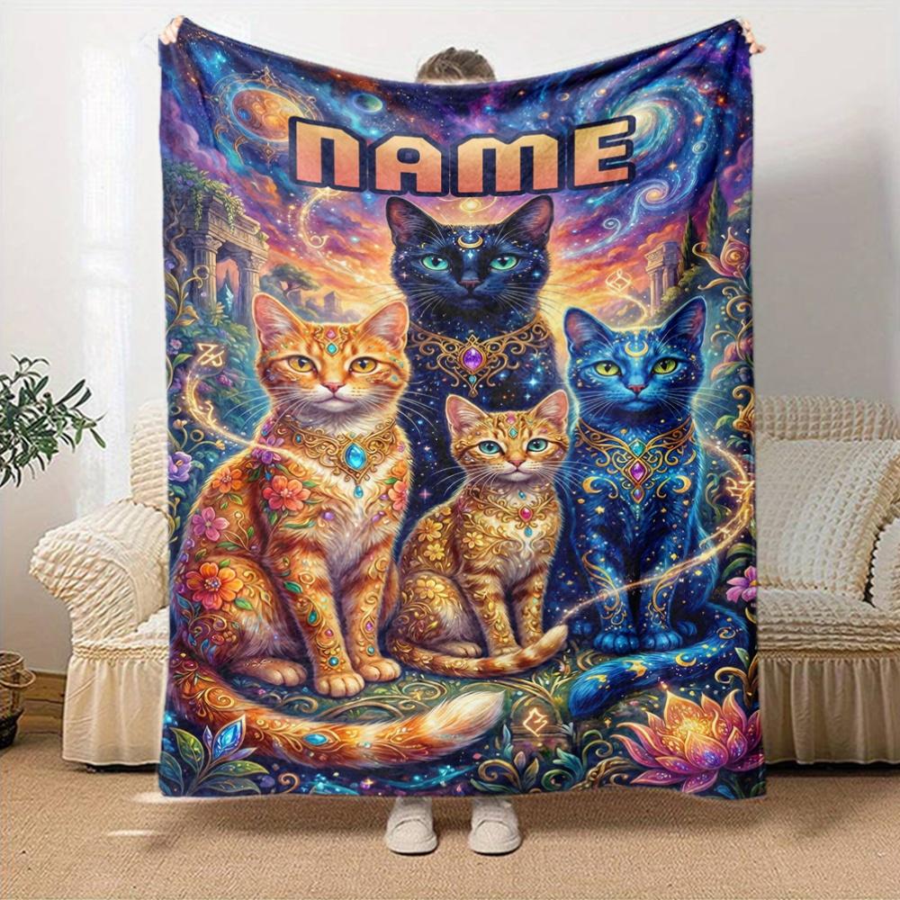 Magical Cats Cosmic Fantasy Home Customize Your Name Blankets Soft Cozy Lightweight Allseason Multiuse Throw Perfect For Couch Office Bed Living Room