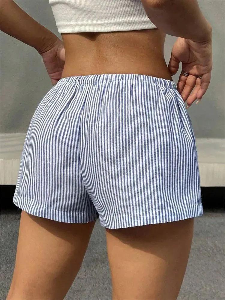 Short Phumee Striped   Elastic Waist  Beach  Lace Up  A2441